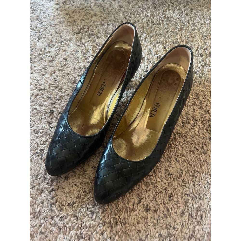 Vtg Bottega Veneta Vintage Black Intrecciato Woven Leather Kitten Heels Size 7AA